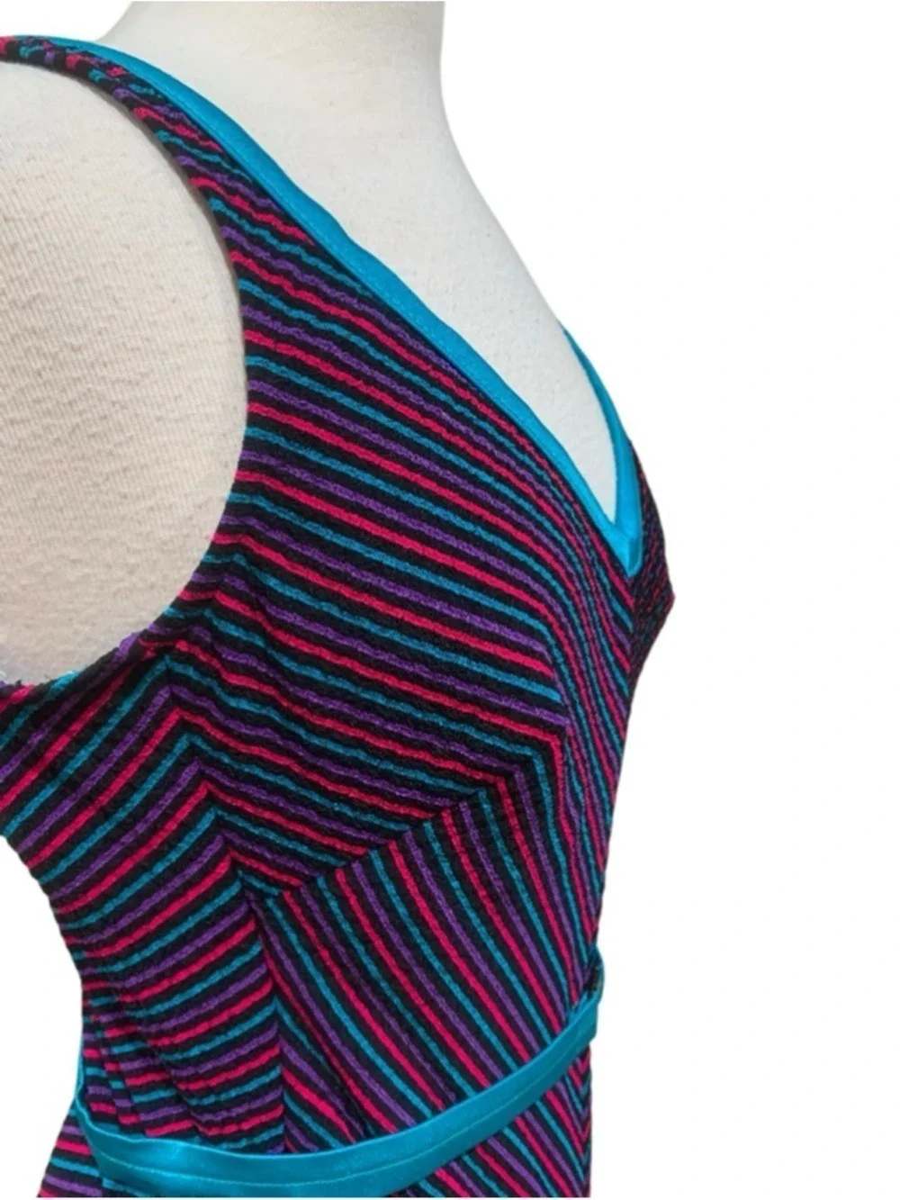 Vntg 80’s Women's Robby Len One Piece Swimsuit Size 16 Pink Blue Striped Volup